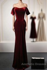 Wine Red Velvet Off Shoulder Long Mermaid Evening Prom Dresses, Wine Red Velvet Eveing Dresses